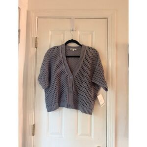 Splendid Gray Crochet Knit Short‎ Sleeve Button Up Cardigan Sweater Top M